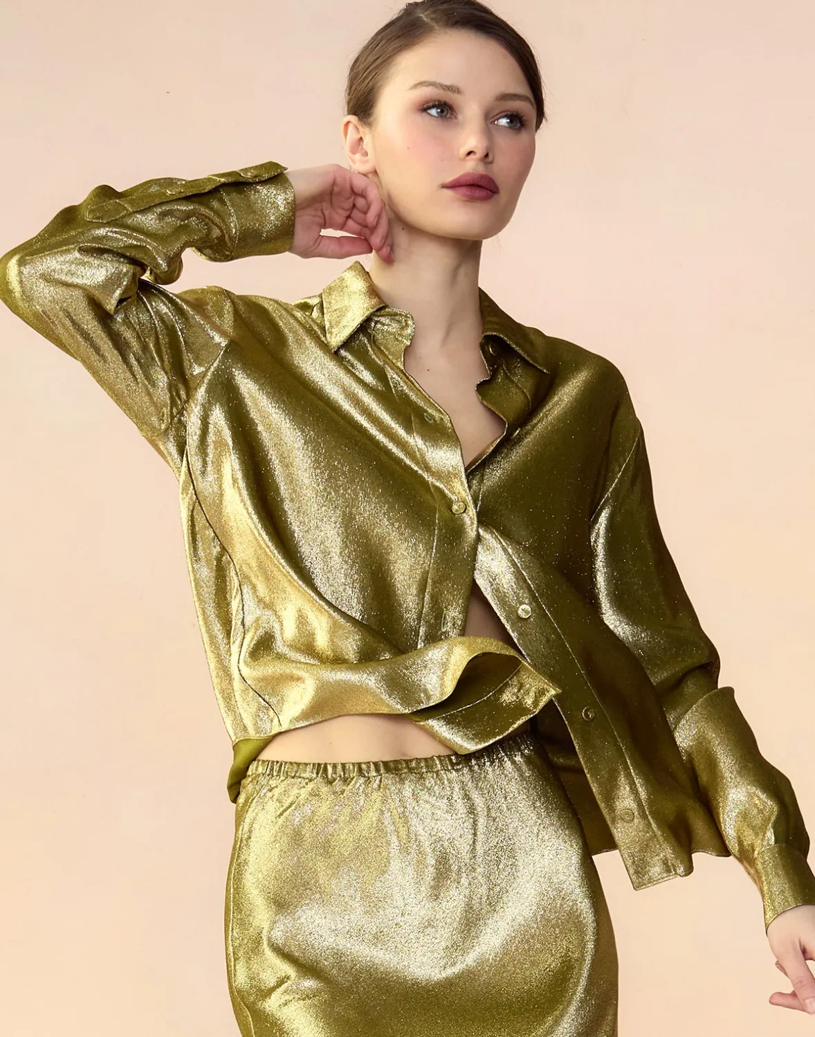 Cynthia Rowley Liquid Gold Lamé Shirt- Tops