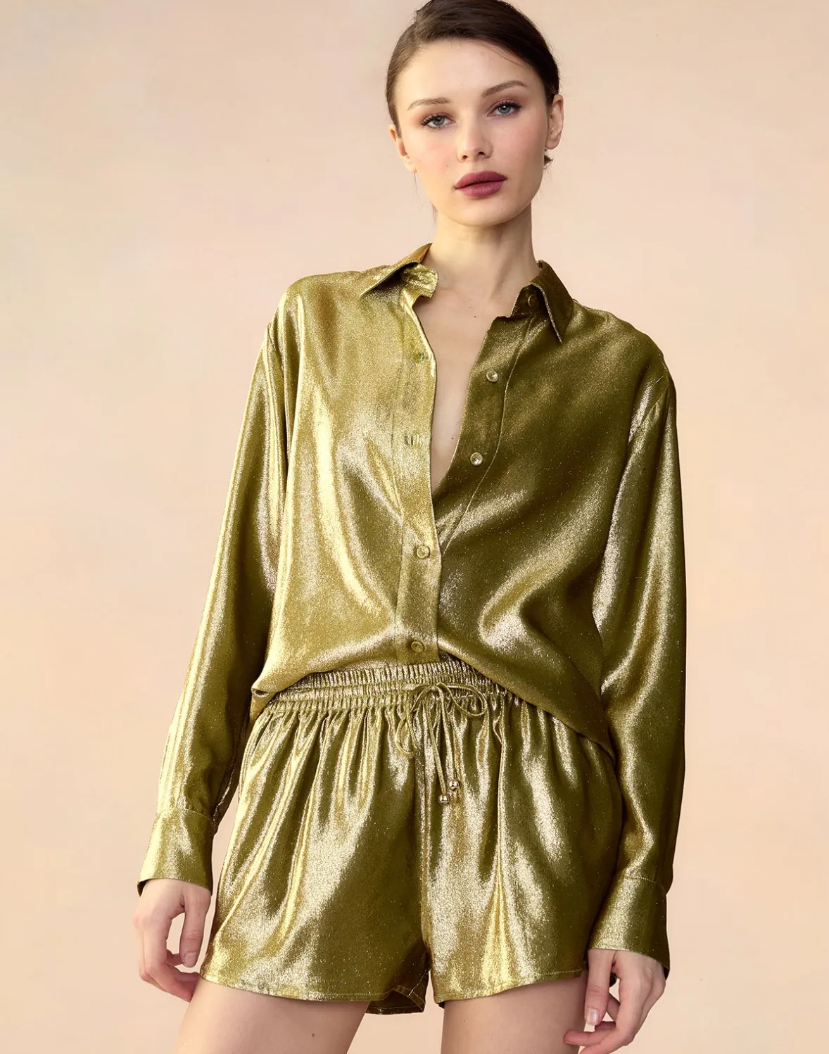 Cynthia Rowley Liquid Gold Lamé Shirt- Tops