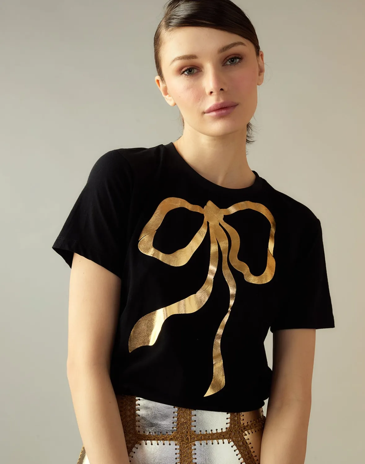 Cynthia Rowley Metallic Bow Tee- Tops