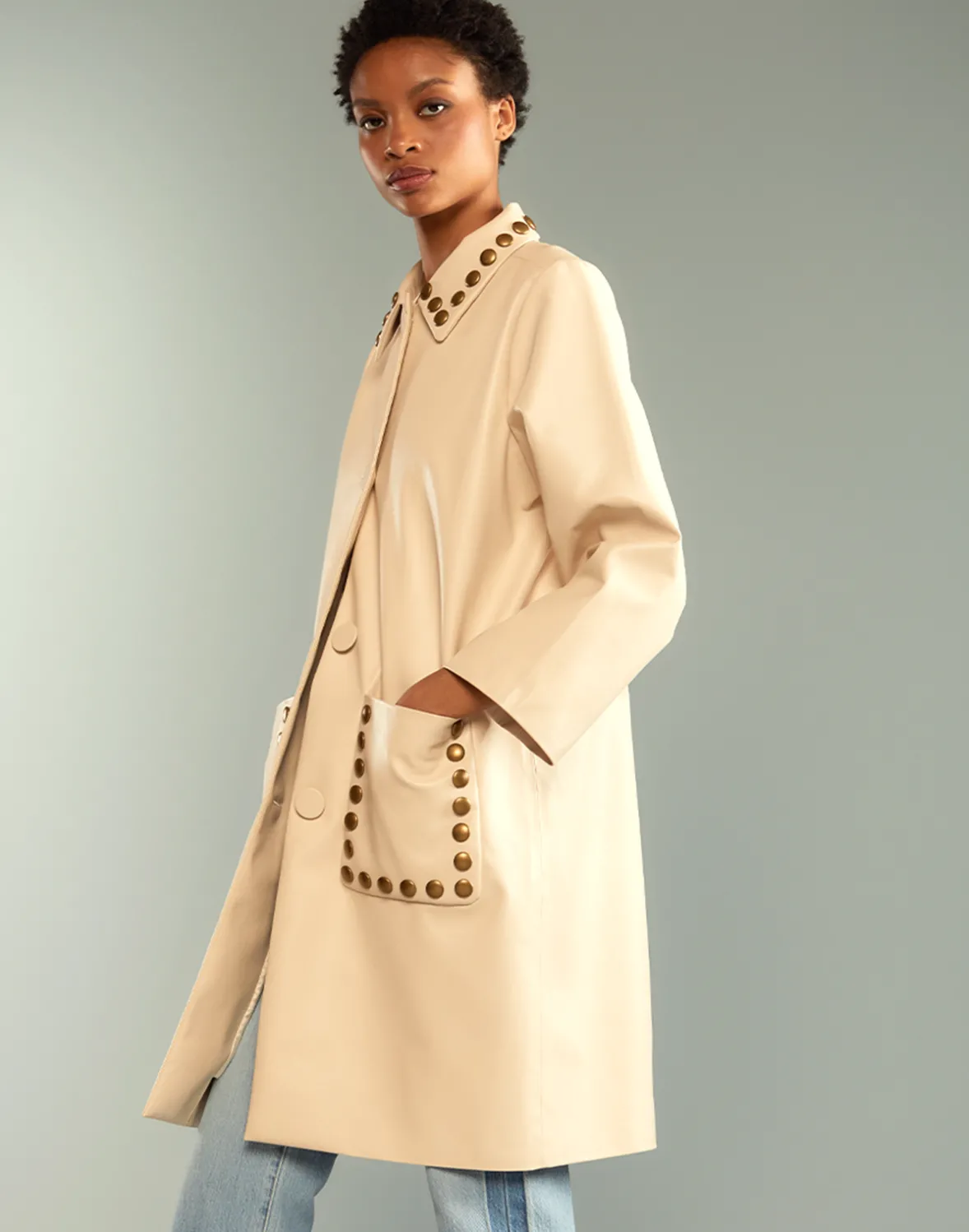 Cynthia Rowley Studded Vegan Leather Coat- Jackets & Coats